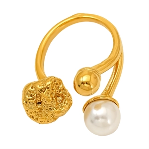 Elegant gold-tone open ring featuring a large white pearl and textured coral-like bead
