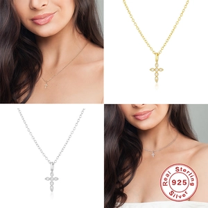 S925 sterling silver cross pendant necklace with zircon stones in gold and silver finish