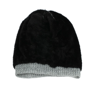 Bonnet d'hiver tricoté mixte avec fausse fourrure noire et revers gris côtelé chaud