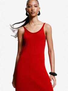 Elegant red sleeveless backless knitted maxi dress for women on white background