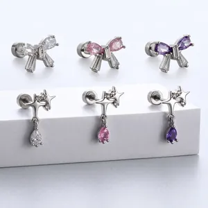 Butterfly Knot Cartilage Stud Earring Titanium Steel With Cubic Zirconia Star Teardrop Pendant Screw Back Piercing Jewelry