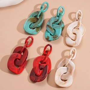 Fashionable acrylic geometric chain earrings in marble green, red, and cream white colors