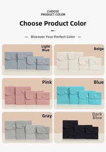 Detailed grid of velvet jewelry pouches with snap buttons in six colors and four sizes
