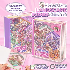 Miniature PET 3D scenery sticker book with 18 sheets and 6 unique DIY themes