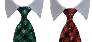 Detail of red and green plaid pet neckties with white shirt collars for dogs and cats