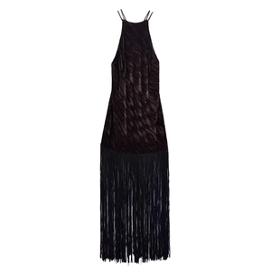 Halternek Maxi Jurk Fluweel Kwastje Lange Franje Rugloos Kruisbanden Elegant Sexy Voor Dames