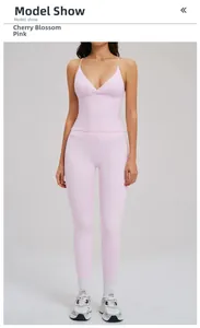 Detail of pink yoga set with V-neck camisole top and high-waisted leggings on model