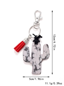 Wooden cactus keychain with marble print, red tassel, and detailed size specifications