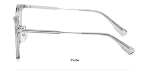 Detail view of transparent grey eyeglass frame with silver metal temples and hinges