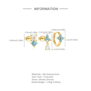 Detailed size guide for S925 sterling silver turquoise and zircon C-shaped earrings