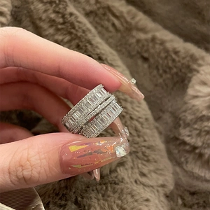 Elegant silver stackable square zircon open ring with baguette crystals for women