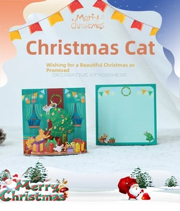 Detailansicht der 3D-Weihnachtskarten mit süßen Katzen und festlichen Dekorationen