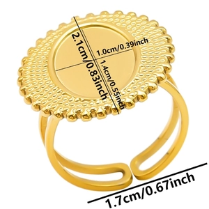 Detail view of adjustable gold stainless steel ring blank with size dimensions for DIY jewelry