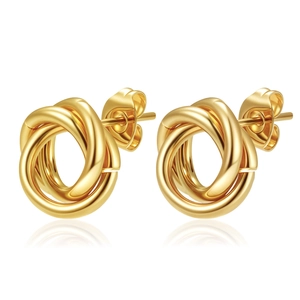 Minimalist gold-plated stainless steel flower twisted hoop earrings on white background