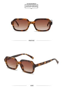 Detailed front and side view of leopard brown square frame sunglasses in tortoiseshell