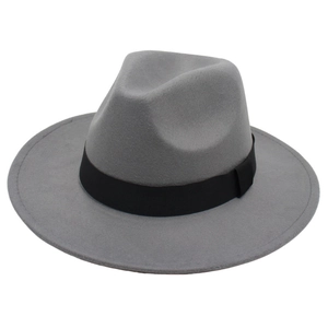 Classic grey felt fedora hat with a black grosgrain ribbon band in a stylish side view