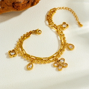 Gold plated stainless steel double layer bracelet with butterfly and waterdrop charms