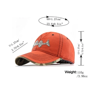 Detailed size specifications for fishbone embroidery baseball cap with camouflage brim