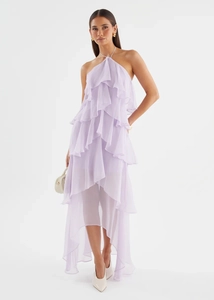 Close-up of the layered ruffle texture on the lavender halter neck chiffon summer dress