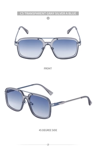 Front and side view of square frame sunglasses with silver double bridge and blue gradient lenses