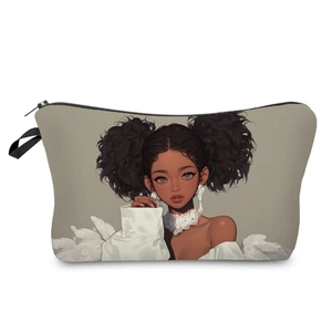 Detail of artistic black girl illustration on durable lightweight cosmetic pouch organizer