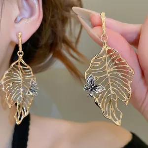 Hollow Leaf Drop Earrings With Butterfly Detail Alloy 925 Sterling Silver Earring Post Statement Jewelry For Women