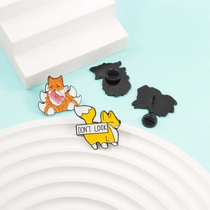 Cute cartoon enamel pins set featuring a nine-tailed fox and a funny Corgi dog