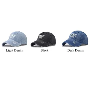 Vintage washed denim baseball caps with PARIS embroidery in light blue, black, and dark blue