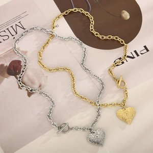 Retro heart pendant necklaces with toggle clasp in gold and silver stainless steel