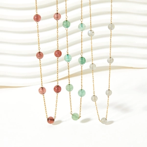 Stainless Steel Natural Stone Y-Shaped Necklace With Heart Pendant Moonstone Strawberry Crystal Gold Plated Jewelry
