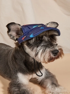 Dettaglio di un cappello da baseball blu per cani con stampa di dinosauri carini