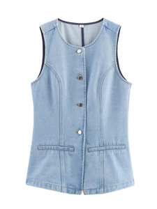Detailed macro view of light blue denim vest showing metal buttons and seam stitching