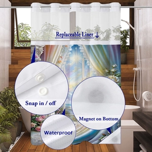 Detail of waterproof waffle fabric shower curtain with snap-off liner and magnetic bottom
