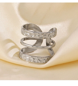 Detailed macro view of silver triple-layer hammered texture stainless steel open ring