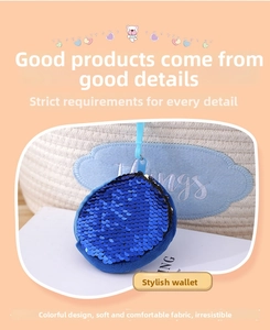 Detail of round royal blue sequin coin purse featuring a zipper and plastic hook attachment