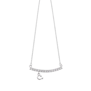 Minimalist silver-tone necklace with horizontal zircon bar and C-shaped charm pendant