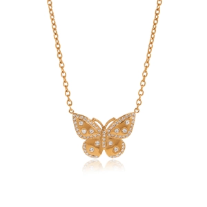 Élégant collier pendentif papillon doré avec strass blancs étincelants sur chaîne fine