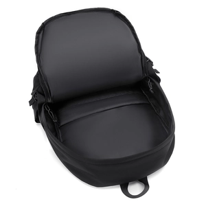 Large capacity black travel backpack with open main compartment and inner pocket