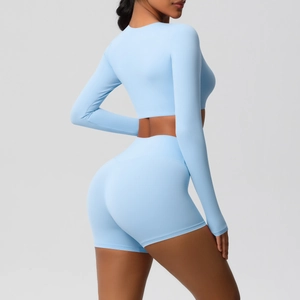 Detailed back view of high-waist light blue yoga shorts with seamless knitting texture