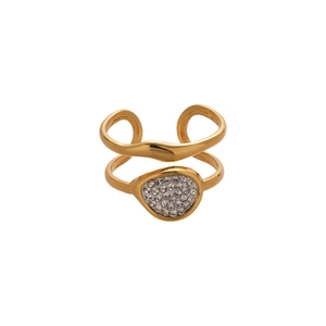 Golden double-layer open ring featuring wave design and teardrop cubic zirconia inlay