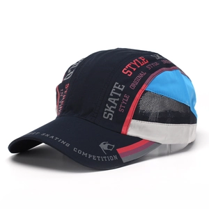 Detail of breathable side mesh and street skating competition print on quick-dry cap