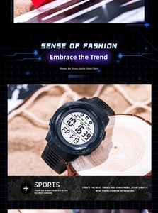 Detail view of digital sports watch with LED backlight and durable rubber strap