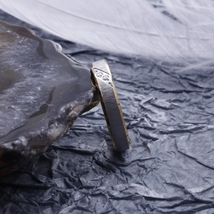 Detailed macro of brushed gold and silver stainless steel ring with zircon accents