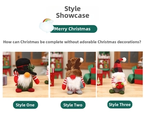 Three Christmas gnomes with plaid hats and antlers shown in a festive indoor setting