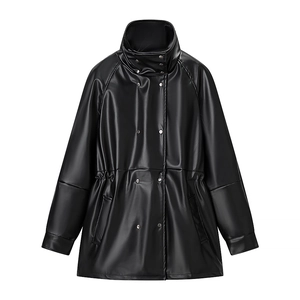 Faux Leather Jacket Women Stand Collar Drawstring Waist PU Outwear Streetwear Zip Up Casual Windbreaker Coat