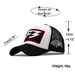 Side view detail of F3 Stables 3D embroidery and Dubai text on black mesh trucker hat