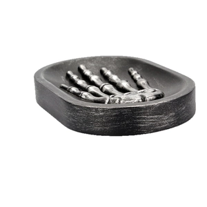 Gothic skeleton hand soap dish in resin with silver brushed metallic texture and drainage
