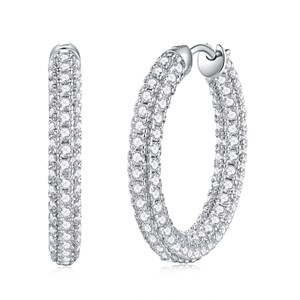 Sparkling S925 sterling silver hoop earrings with pave moissanite stones and silver finish