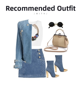 Fashion set with blue denim jacket, matching skirt, retro handbag and blue boots on white background
