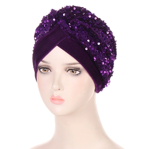 Fashion purple velvet turban hat with sequins and cross front pleat design for women